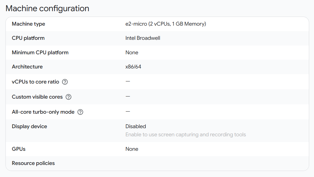 This websites' machine configuarations in Google Cloud